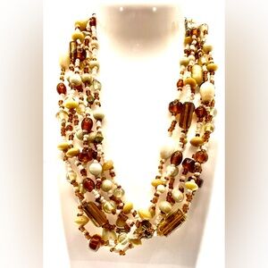 Artisan MultiStrand Amber and Cream Colored Glass Beaded Choker Necklace
